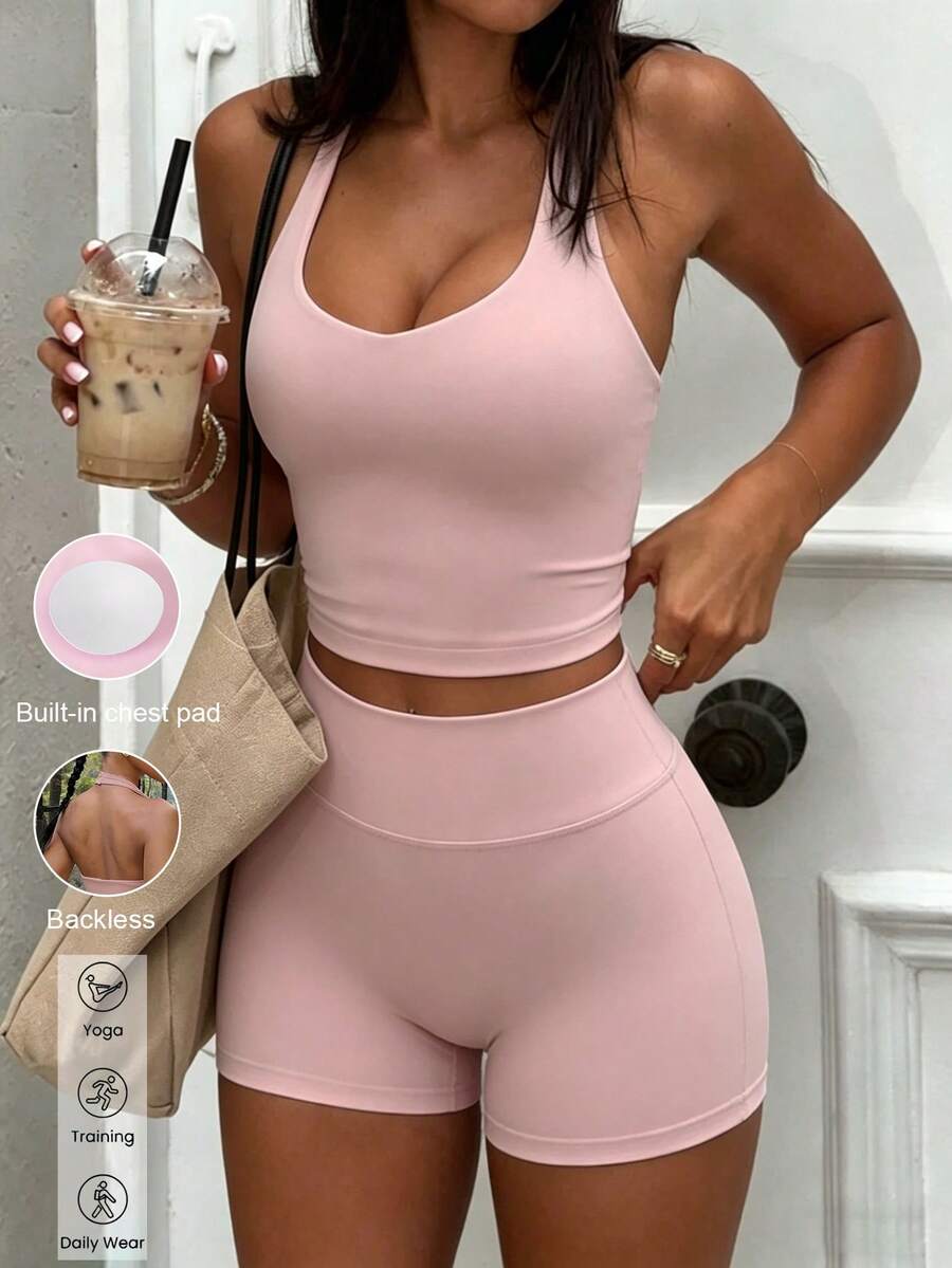 Aoqta Sport Damen Sommer Lässig einfarbiges 2-teiliges Set, anliegendes ärmelloses rückenfreies gepolstertes Trägershirt und hochgeschnittene Shorts, geeignet für Yoga, Laufen, Training, Alltagstragen - Pink - Übersicht 1