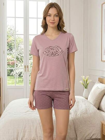 Cotton More 100% Cotton Women's Lip Print Short Sleeve T-Shirt & Elastic Waist Shorts Pajama Set Cute Soft Breathable Summer Homewear Sleepwear Lounge Set