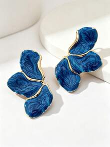 1 Pair Gold Metal Leaf Earrings, Suitable For All Occasions - Dark Blue - View 5