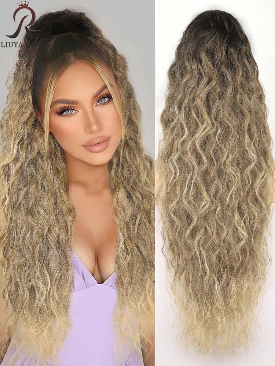 28 Inch Long Wavy Curly Ponytail Clip-In Hair Extensions, Multi-Layer Heat Resistant Synthetic Fiber, Wavy Curly Heat Resistant Fiber Wig, Unisex, Easy To Wear, Black Brown Long Extensions, Suitable For Parties And Daily Styling, Suitable For All Skin Tones, Basic Style, High Temperature Fiber, Natural Appearance