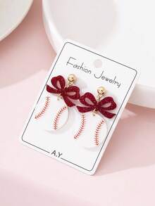 1 Pair Sporty Glittery Bow & Baseball Design Fashion Jewelry Earrings, Gift For Sports Party - Multicolor - View 2