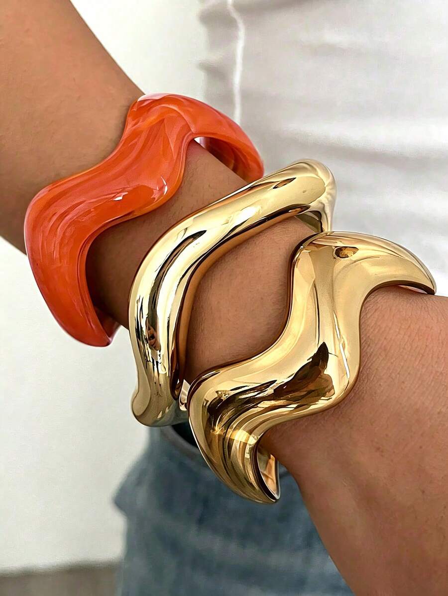 1 buah/3 buah Set Gelang Bangle Minimalis Vintage Bergelombang dari Bahan Akrilik & Resin, Cocok untuk Pemakaian Sehari-hari Wanita, Dapat Ditumpuk, Pilihan Hadiah Sempurna untuk Liburan - MultiWarna - View 1