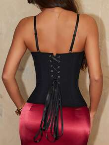 Women's Elegant Fitted Corset Top, Lace-Up Back Fishbone Support Bust-Shaping Cropped Camisole, Suitable For Rave, Festival, Outing, Party, Halloween, Black - Black - View 2