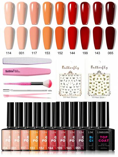  Esmalte de uñas en gel LIMEGIRL para todo el año - Set de 9 colores de esmalte de uñas en gel con base y top coat, juego de manicura otoño/invierno para mujer con sistema de remojo UV LED (Set A)