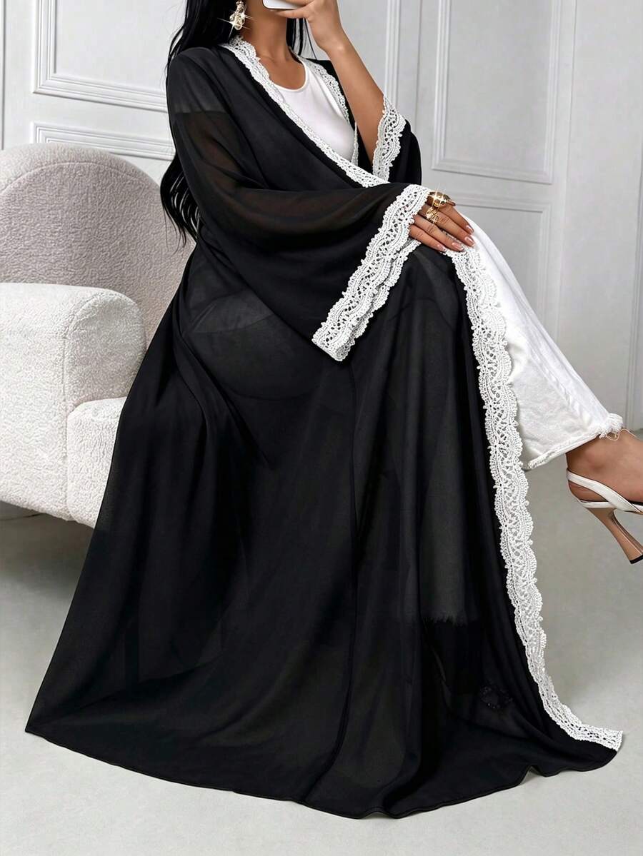 Áo Abaya Ả Rập tay loe phối ren tương phản thanh lịch dành cho nữ, thích hợp cho mùa xuân và mùa thu. - màu đen - Xem 1