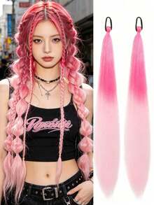 Pink Braided Wig With Elastic Band, Synthetic Pink Ponytail, Suitable For Women, Can Be Used For Halloween, Music Festivals, Parties, Cosplay, Holidays And Other Occasions - Pink Ombre - View 9