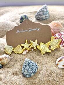 4pcs/6pcs/16pcs Fashion Starfish, Shell, Earrings Set, Suitable For Summer Travel And Vacation Wear - Gold - View 4