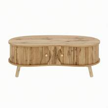 Pea-Shaped Coffee Table With Grooved Pattern, 2 Sliding Doors, Living Room Table, Wood Look, Solid Wood Legs, MDF Material - Natural Wood Color - View 10