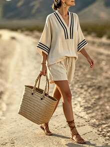 Women's Casual Vacation Loose V-Neck Shirt + Wide Leg Shorts 2 Pieces Set - Apricot - View 1