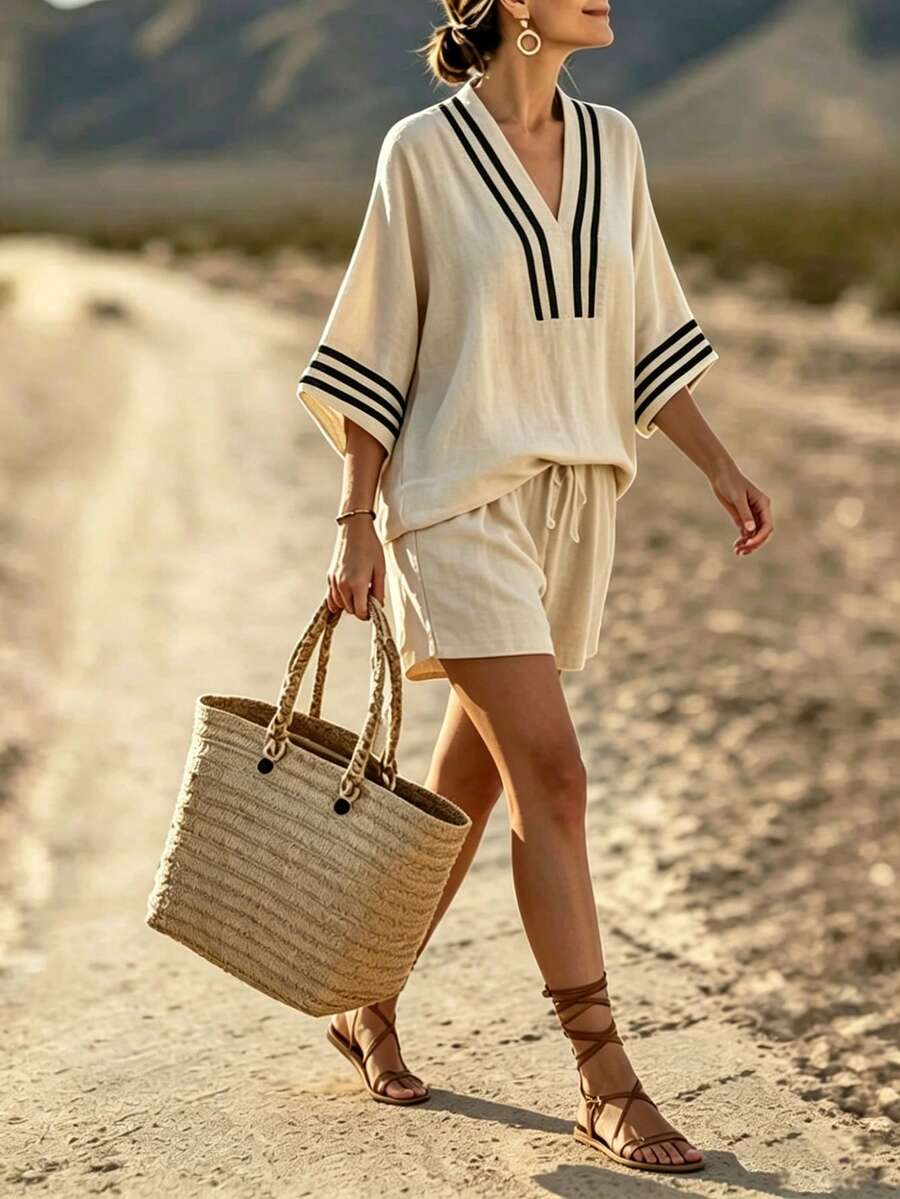 Women's Casual Vacation Loose V-Neck Shirt + Wide Leg Shorts 2 Pieces Set - Apricot - View 1