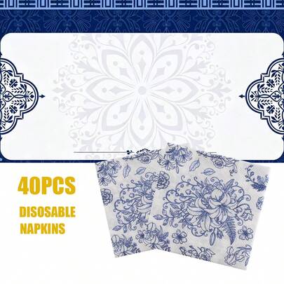 40 pezzi Eleganti tovaglioli di carta a 2 veli con stampa blu e bianca di peonie, 25x25cm - Decorazione per feste, compleanni, matrimoni, sfondi fotografici, uso commerciale per ristoranti e caffè