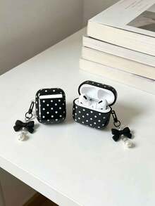 1pc Black 4 Case With Smooth White Polka Dot Pattern + Matching Pearl Strap Earphone Case Compatible With AirPods 1/2/3/Pro/Pro 2nd, Protective Cover - Black and White - View 3