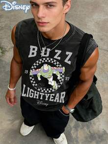 Disney Toy Story Buzz Lightyear 1997 Officially Licensed Men's Sleeveless Graphic Tee, 100% Cotton 230g Washed Vintage Streetwear Shirt - 黑色 - 查看 1