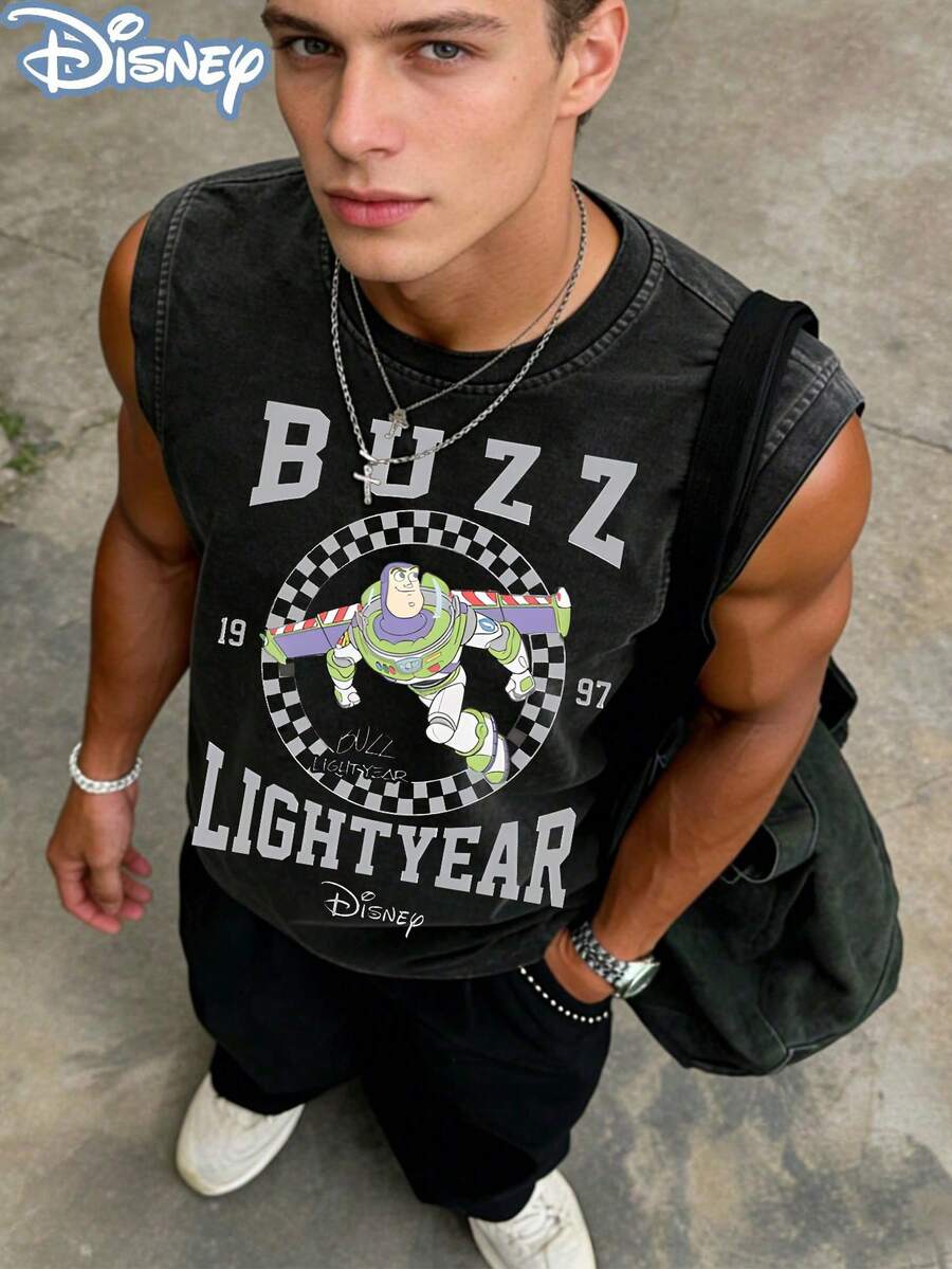 Disney Toy Story Buzz Lightyear 1997 Officially Licensed Men's Sleeveless Graphic Tee, 100% Cotton 230g Washed Vintage Streetwear Shirt - 黑色 - 查看 1