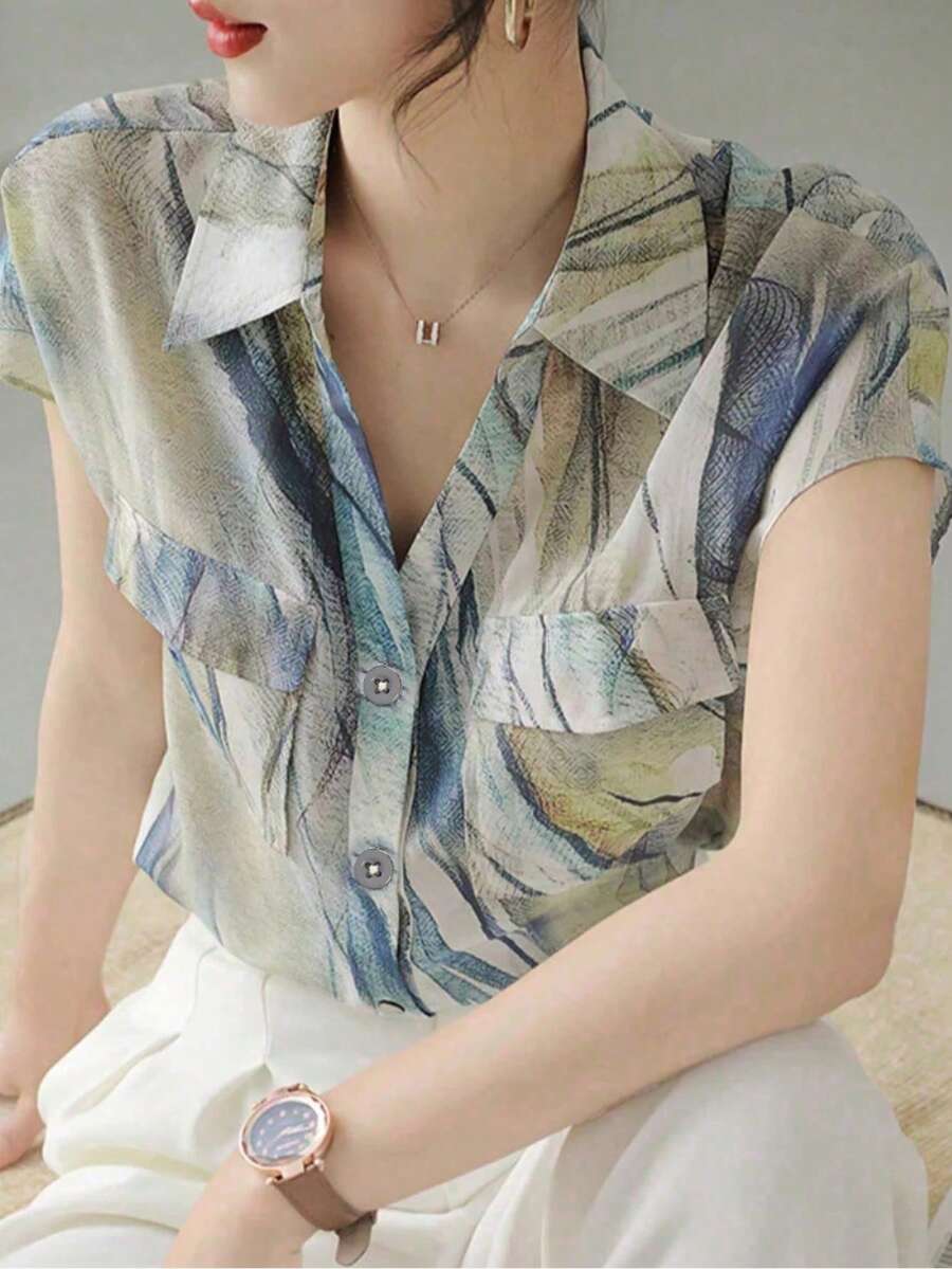 Plus Size Women's Shirt, Summer Casual Short Sleeve Flowing Shirt, Fashionable Printed Shirt, Women's Elegant Shirt, Versatile For Shopping And Travel Vacation