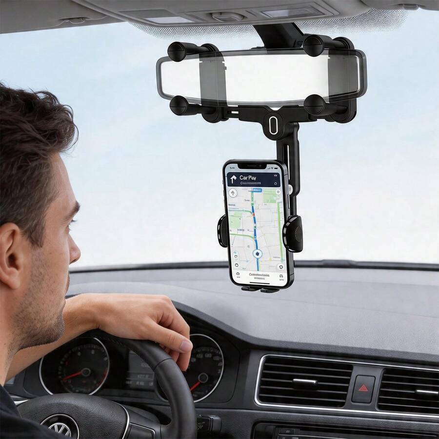 7th Gen Rearview Mirror Phone Mount, 180° Rotatable Car Mirror Phone Holder With Telescopic Arm, Upgraded 4-Slider Clamp Stable Clip For 4-7 Inch Phones, Adjustable Width Fits 98% Vehicles, One-Touch Release Hands-Free Driving Accessory