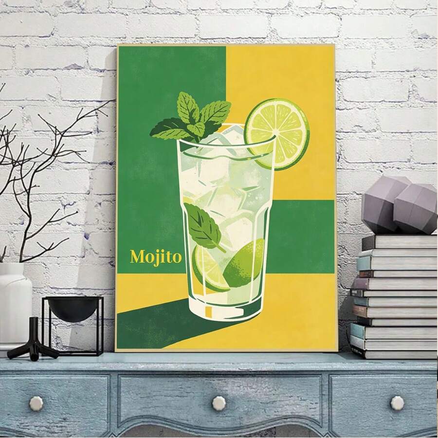1pc Retro Mojito Cocktail Art Print, Mid Century Modern Bar Wall Decor, Lime Mint Drink Poster, Boho Kitchen Wall Art, Aesthetic Cocktail Lover Gift - Multicolor - View 1