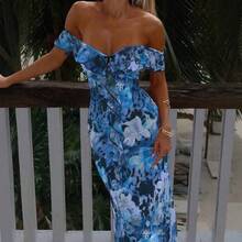 Vestido largo de verano para mujer con estampado floral escote de corazón atado en la cintura y diseño ajustado estilo americano elegante y sexy - Azul - Ver 8