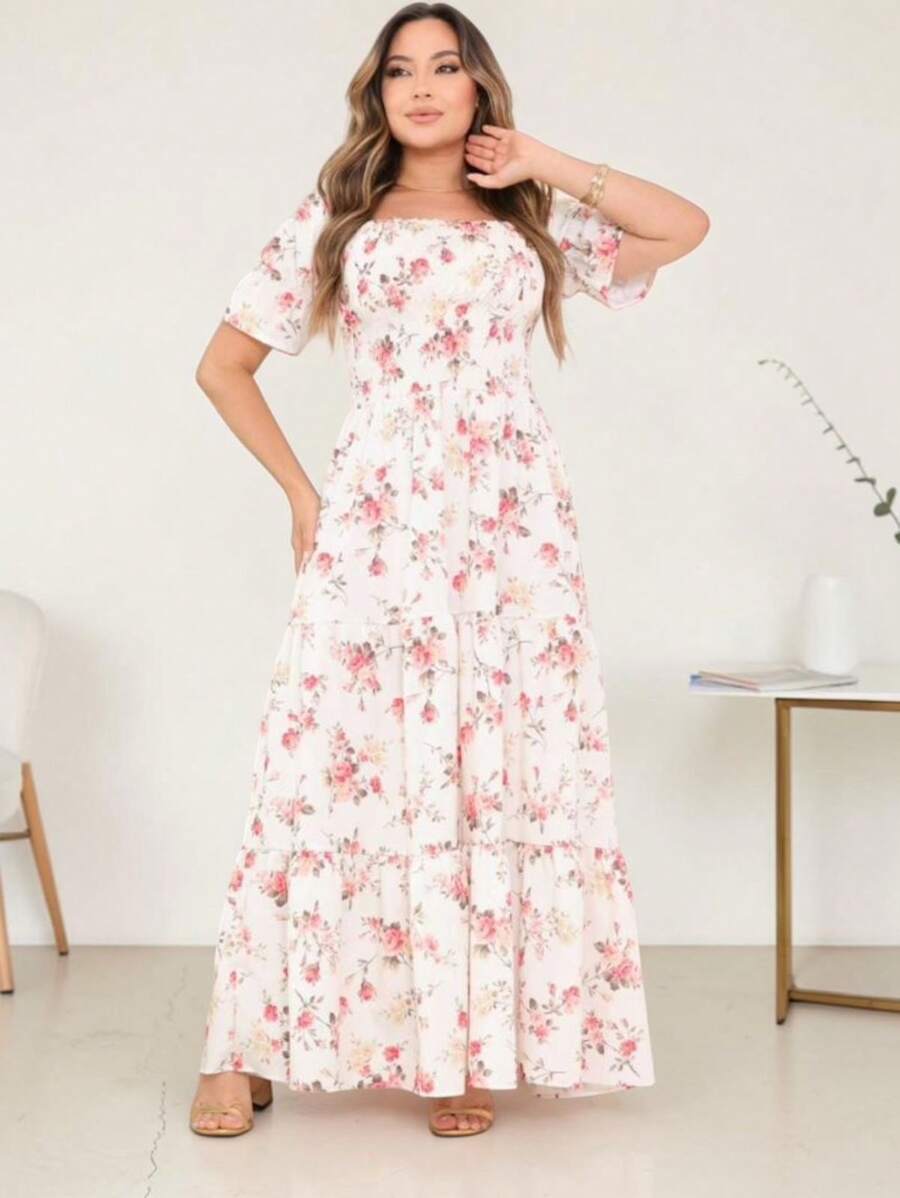Women's Dress, All-Over Leaf Print, Boho Style, Fabric, Hem With Ruffles, Gathered Ruffles, Long Style, Beach, Night, Birthday Party, Baby Shower, Garden, Photoshoot - 米色/花色 - 查看 1