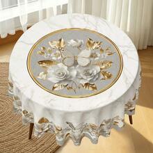 1pc 2D Flat Luxury Marble White Rose Gold Butterfly Tablecloth, Elegant Gold Border Rectangular/Round Table Cover, Suitable For Kitchen Dining Room, Modern Minimalist Home Decor, Banquet, Wedding, Holiday Dinner, Indoor/Outdoor Use, Coffee Table Cover, High-End Housewarming Gift, Multiple Sizes Available - A - View 3