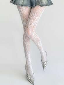 白色性感火辣朋克哥特亚文化蕾丝镂空图腾时尚渔网连裤袜，适合日常约会、派对、度假等场合。 - 白色 - 查看 3
