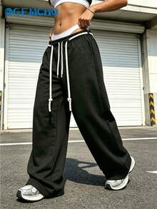 GEMCHO Women's Casual Solid Color Loose Wide Leg Drawstring Sweatpants, Very Fashionable For Street, Campus And Halloween Wear, Black Japanese Style - Black - View 10