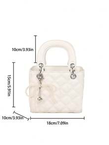 Rhombus Pattern Mini Tote Bag With Pearl Bow Decor, Elegant Small Women Handbag With Shoulder Strap For Crossbody Wear - White - View 3