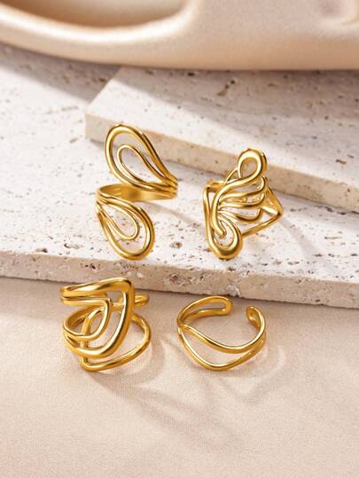 Anel vazado exclusivo com design abstrato de linhas, em aço inoxidável banhado a ouro 18K, acessório minimalista, ideal para usar em camadas.
