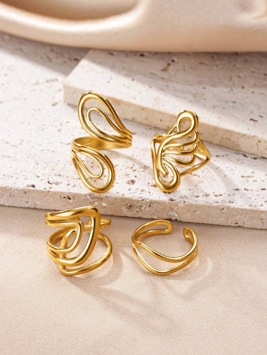 1 chiếc nhẫn hở độc đáo với họa tiết đường nét trừu tượng, thiết kế bằng thép không gỉ mạ vàng 18K, phụ kiện phong cách tối giản, quà tặng để đeo nhiều lớp. - Vàng - Xem 1