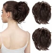 2 Piezas Extensión de Moño de Pelo Rizado Desordenado, Chongos Postizos de Cabello, Postizo de Cabello Natural, Extensiones de Cabello Natural, Moños de Pelo Rizado con Ondas Elásticas, Sintético, Ondulado Moño Desordenado, Pelucas para Mujer Cabello, de Coleta Moño Para Mujeres y Niñas (Marrón) - Marrón - Ver 4