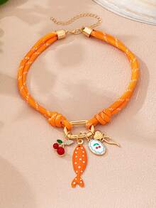 1/2 Piezas Collar de Encanto de Playa Boho de Verano para Mujeres, Cadena de Cuerda Colorida con Cierre de Mosquetón y Colgante de Pez, Estrella de Mar y Cereza - Multicolor - Ver 2
