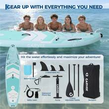 Tabla de paddle inflable vertical – PVC de grado militar, cubierta ancha y estable antideslizante, tres quillas, ligera y portátil, accesorios completos – Soporta hasta 450 lb, apta para principiantes, 10'6" x 32" x 6" - elemento de hoja de palma azul verdoso marrón - Ver 2