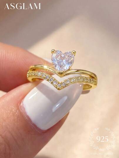 1pc Elegant 925 Sterling Silver White Zirconia Heart-Shaped Ring, Luxury Jewelry Gift For Women Anniversary/Birthday