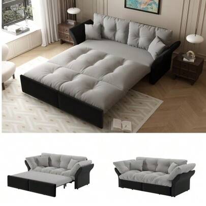 190 Cm Queen-Size Sofa, 3-In-1 Konvertibles Sofa With Tufting And 2 White Kissen, Multifunctional Velvet Sofa-Bett, Hellgrau