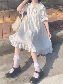 1pc Lolita Style Peter Pan Collar Bowknot Puff Sleeve Ruffle Hem Dress, Suitable For Daily Wear In Summer Halloween Spring - Multicolor - View 4