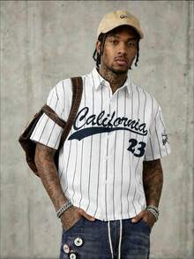 Men's Striped Letter & Number Print Casual Versatile Daily Wear Shirt - Black and White - View 1