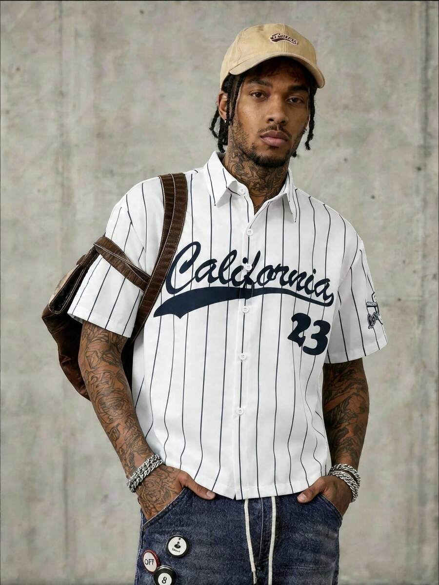 Men's Striped Letter & Number Print Casual Versatile Daily Wear Shirt - Black and White - View 1