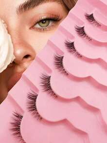 7 Pairs Cartoon Wet Look False Eyelashes, Elongated Tip False Eyelashes, Anime Cat Eye False Eyelashes, Natural Makeup Effect, Thin Faux Mink False Eyelashes, 3D Short Soft False Eyelashes, Transparent Band Eyelash Extension Makeup - Black - View 8