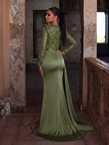 Faeriesty Đầm dạ hội dài tay đính sequin dáng đuôi cá thanh lịch dành cho nữ, cổ tròn, lấp lánh. - xanh quân đội - Xem 3