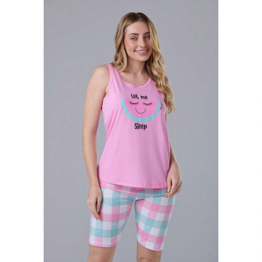 Conjunto Pijama Regata 100% Algodão Adulto Feminino - CHICLETE MELANCIA - Rosa chiclete - Visão 1