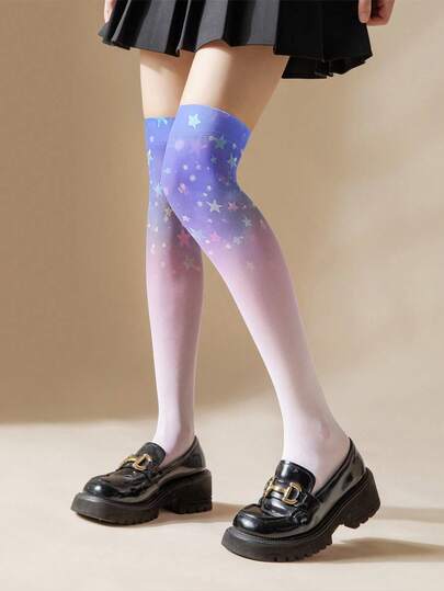 1/2 Pairs 360° Gradient Starry Sky Print Thigh High Socks, Thin Breathable Fabric, Japanese Sweet & Cool Lolita Style, Suitable For JK Uniform, Lolita Coord, Daily Wear, Conventions, Dates, Soft Girl Vibe!