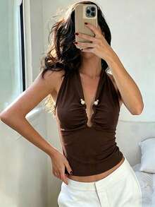 Women's New American Sexy Deep V-Neck, Backless Halter Crop Top, Fitted Hollow Out Casual Knit Vest Summer - Brown - View 3