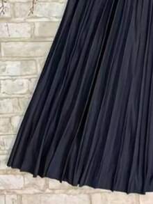 Long Pleated Skirt With Buckle Belt, Women's Fashion. - 黑色 - 查看 3