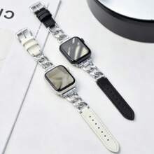 1 pezzo Cinturino per orologio unisex creativo, moda casual, cinturino in metallo e pelle vera di lusso personalizzato, adatto per Apple Watch Ultra/SE/11/10/9/8/7/6/5/4/3/2/1 Serie 38mm 40mm 41mm 42mm 44mm 45mm 49mm, cinturino in pelle morbida, regolabile, accessorio per smartwatch - nero - Visualizzare 1