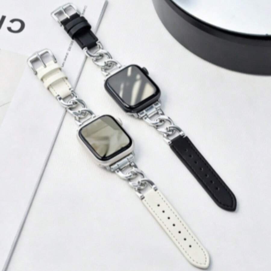 1 pezzo Cinturino per orologio unisex creativo, moda casual, cinturino in metallo e pelle vera di lusso personalizzato, adatto per Apple Watch Ultra/SE/11/10/9/8/7/6/5/4/3/2/1 Serie 38mm 40mm 41mm 42mm 44mm 45mm 49mm, cinturino in pelle morbida, regolabile, accessorio per smartwatch - nero - Visualizzare 1