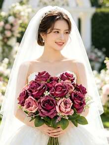 1/3支仿真牡丹丝绣球花束，仿真玫瑰假花，适合春秋季装饰、婚礼花瓶、家居、餐厅、卧室、厨房、浴室装饰、母亲节礼物、节日生日派对用品、户外花园装饰 - 玫紅色 - 查看 11