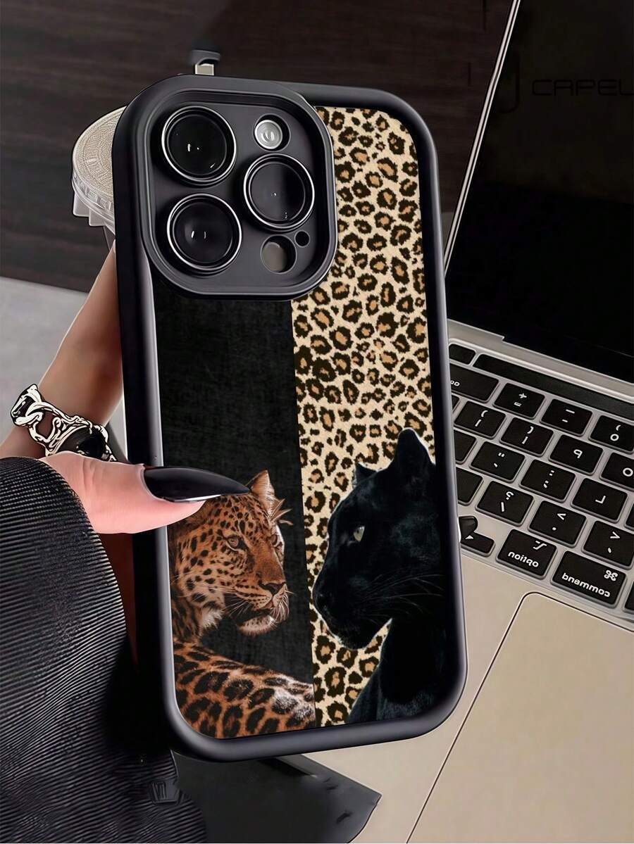 1pc Black & Yellow Leopard Face Minimalist Personalized TPU Shockproof Full Coverage Phone Case, Compatible With Apple 17, 16, 15, 14, 13, 12, 11 Pro Max, Air, And Series - Multicolor - View 1