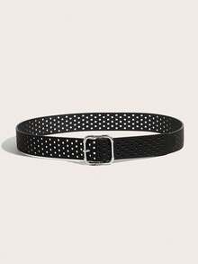 1pc Women's Silver Buckle Classic PU Perforated Belt, Fashionable For Commuting, Vacation, Matching Dresses And Pants, Suitable For Dates, Parties, And Daily Wear - Black - View 2