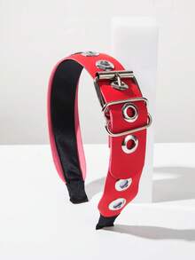 1pc Solid Color Leather Fashion Headband, Belt Buckle Decor, Versatile Personalized Hair Accessory,Festival,Party - FG1271-red - View 2
