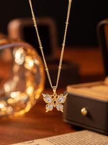 1 pieza Collar colgante de mujer con zirconia cúbica en forma de lágrima y mariposa incrustada, elegante y versátil, adecuado para banquetes, fiestas, uso casual, viajes diarios, regalo de joyería para mujeres - Multicolor - Ver 2